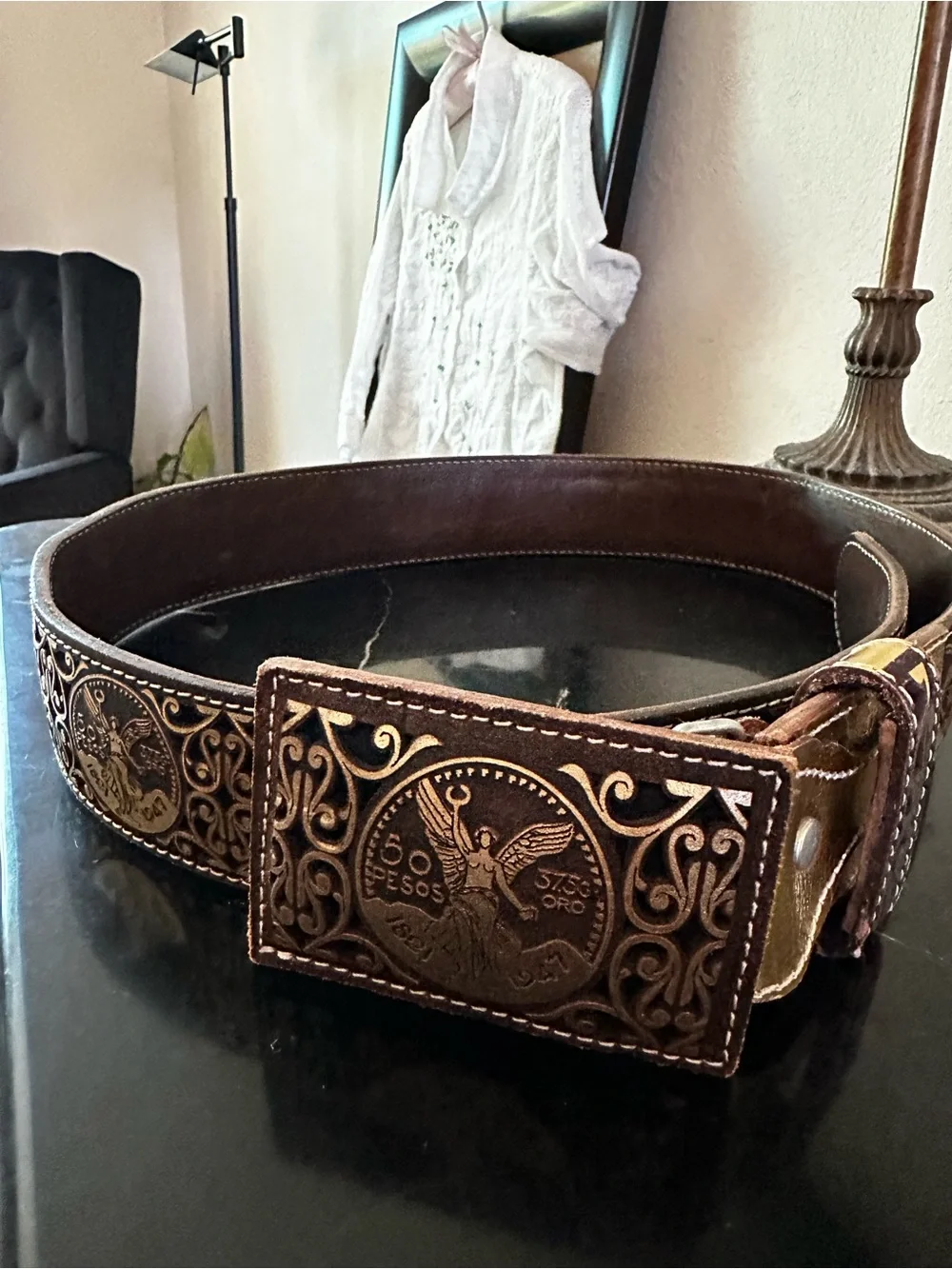 Men's Brown Embossed Leather Belt with Coin Motif new without tags